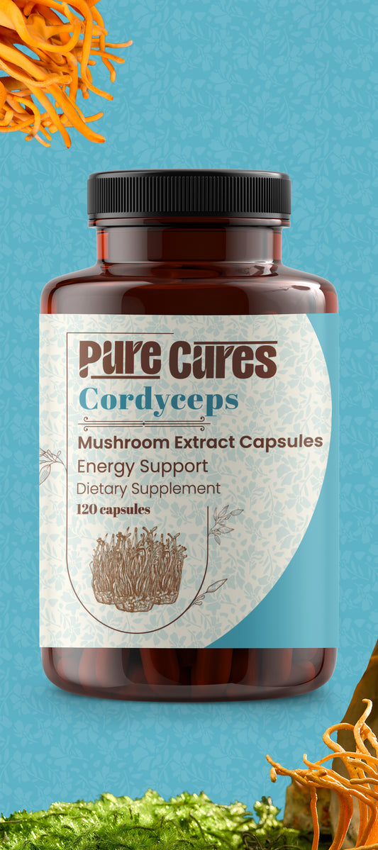 Pure Cure Cordyceps Mushroom Extract Capsules by Nouris – Organic supplement to boost energy, enhance endurance, and improve athletic performance. Ideal for fitness, stamina, and immune support, available at Lebanon's top medicinal mushroom store.