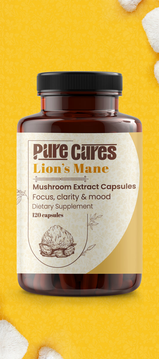 Pure Cure Lion's Mane Mushroom Extract Capsules by Nouris – Enhance cognitive function, improve mental clarity, and boost mood naturally with this organic brain-boosting supplement. Available in Lebanon's top medicinal mushroom store for optimal brain health and focus.